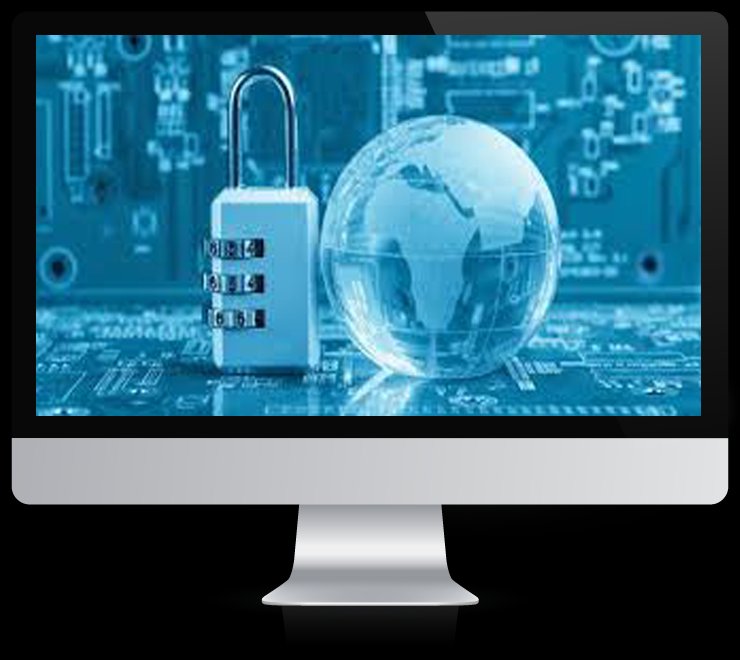 Illustration of a padlock and globe overlaid on a circuit board, displayed on a monitor